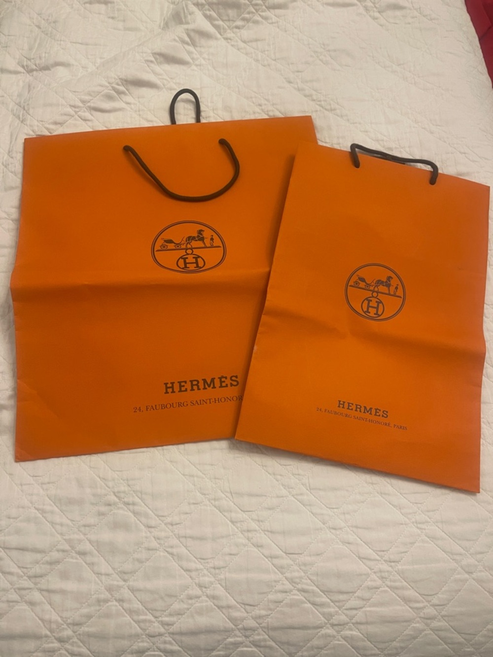 Hermes Orange Paper Shopping Bags with Black Rope Handles - Set of 2